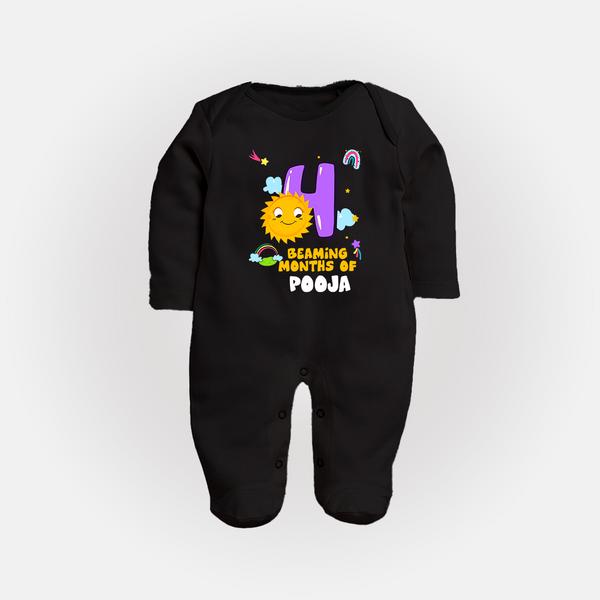 4th Month Baby Outfit | Personalized Full Sleeve Bodysuit/ Sleep Suit/ Jumpsuit for Newborn | Milestone Gift Idea - BLACK - New Born (Chest 7.5")