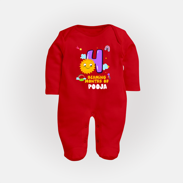 4th Month Baby Outfit | Personalized Full Sleeve Bodysuit/ Sleep Suit/ Jumpsuit for Newborn | Milestone Gift Idea - RED - New Born (Chest 7.5")