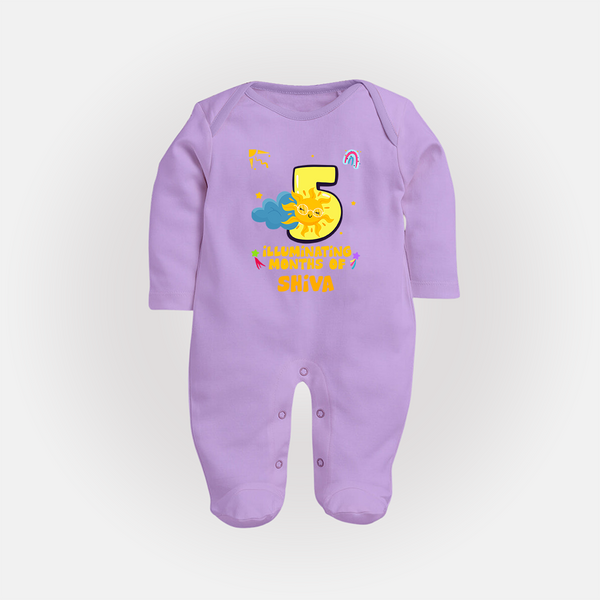 5th Month Baby Outfit | Personalized Full Sleeve Bodysuit/ Sleep Suit/ Jumpsuit for Newborn | Milestone Gift Idea - LILAC - New Born (Chest 7.5")