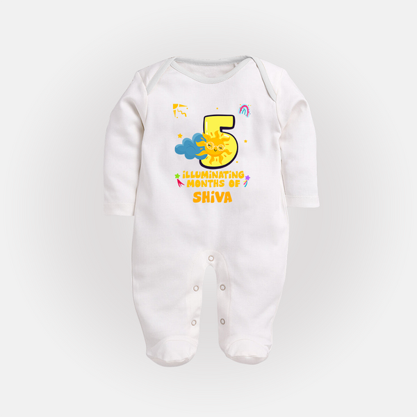 5th Month Baby Outfit | Personalized Full Sleeve Bodysuit/ Sleep Suit/ Jumpsuit for Newborn | Milestone Gift Idea - WHITE - New Born (Chest 7.5")