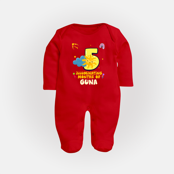 5th Month Baby Outfit | Personalized Full Sleeve Bodysuit/ Sleep Suit/ Jumpsuit for Newborn | Milestone Gift Idea - RED - New Born (Chest 7.5")