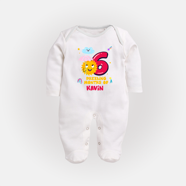 6th Month Baby Outfit | Personalized Full Sleeve Bodysuit/ Sleep Suit/ Jumpsuit for Newborn | Milestone Gift Idea - WHITE - New Born (Chest 7.5")