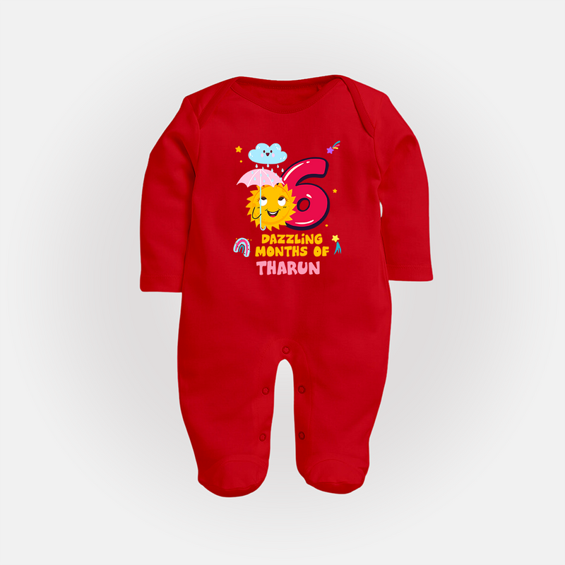 6th Month Baby Outfit | Personalized Full Sleeve Bodysuit/ Sleep Suit/ Jumpsuit for Newborn | Milestone Gift Idea - RED - New Born (Chest 7.5")