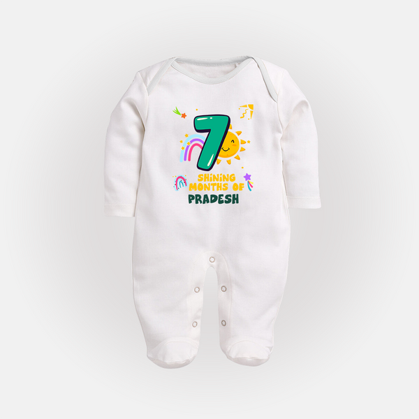7th Month Baby Outfit | Personalized Full Sleeve Bodysuit/ Sleep Suit/ Jumpsuit for Newborn | Milestone Gift Idea - WHITE - New Born (Chest 7.5")