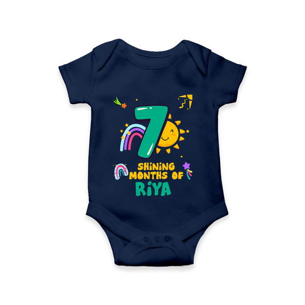 Celebrate The 7th Month Birthday Custom Romper, Personalized with your Little one's name - NAVY BLUE - 0 - 3 Months Old (Chest 16")