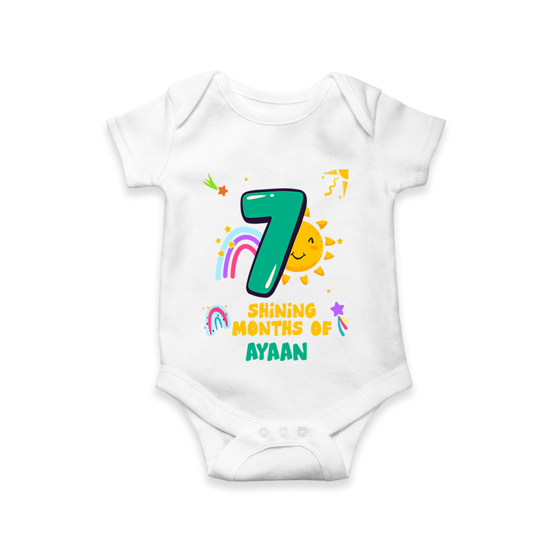 Celebrate The 7th Month Birthday Custom Romper, Personalized with your Little one's name - WHITE - 0 - 3 Months Old (Chest 16")