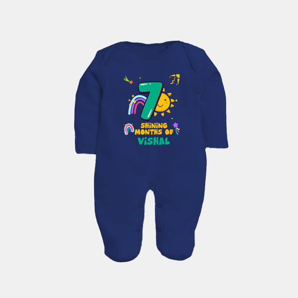 7th Month Baby Outfit | Personalized Full Sleeve Bodysuit/ Sleep Suit/ Jumpsuit for Newborn | Milestone Gift Idea - NAVY BLUE - New Born (Chest 7.5")