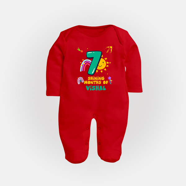 7th Month Baby Outfit | Personalized Full Sleeve Bodysuit/ Sleep Suit/ Jumpsuit for Newborn | Milestone Gift Idea - RED - New Born (Chest 7.5")
