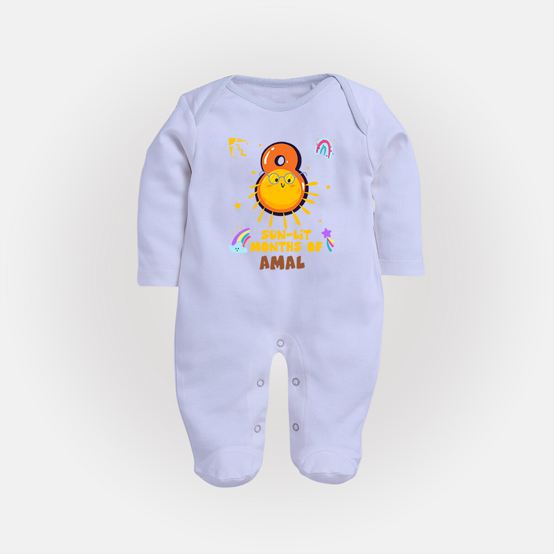 8th Month Baby Outfit | Personalized Full Sleeve Bodysuit/ Sleep Suit/ Jumpsuit for Newborn | Milestone Gift Idea - BABY BLUE - New Born (Chest 7.5")