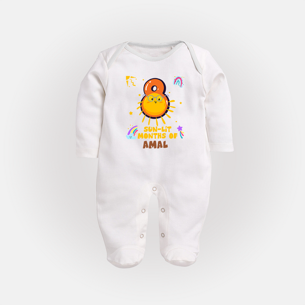 8th Month Baby Outfit | Personalized Full Sleeve Bodysuit/ Sleep Suit/ Jumpsuit for Newborn | Milestone Gift Idea - WHITE - New Born (Chest 7.5")