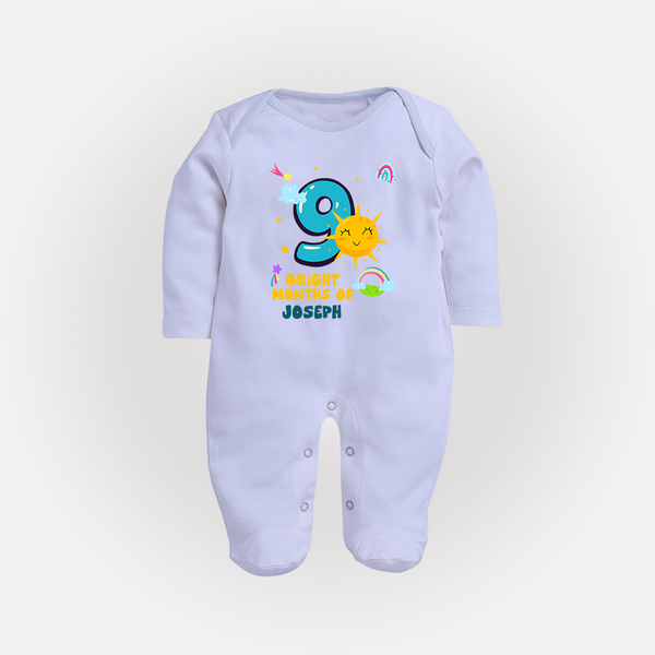 9th Month Baby Outfit | Personalized Full Sleeve Bodysuit/ Sleep Suit/ Jumpsuit for Newborn | Milestone Gift Idea - BABY BLUE - New Born (Chest 7.5")