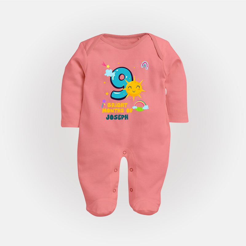 9th Month Baby Outfit | Personalized Full Sleeve Bodysuit/ Sleep Suit/ Jumpsuit for Newborn | Milestone Gift Idea - PEACH - New Born (Chest 7.5")