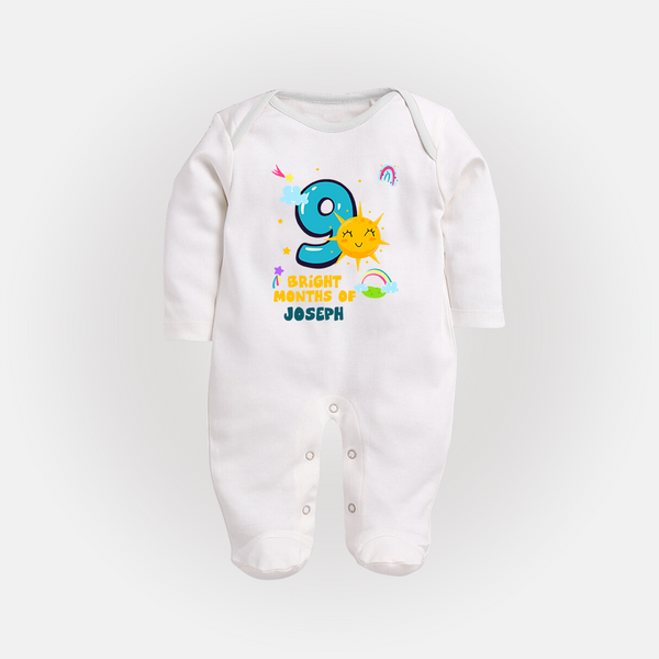 9th Month Baby Outfit | Personalized Full Sleeve Bodysuit/ Sleep Suit/ Jumpsuit for Newborn | Milestone Gift Idea - WHITE - New Born (Chest 7.5")