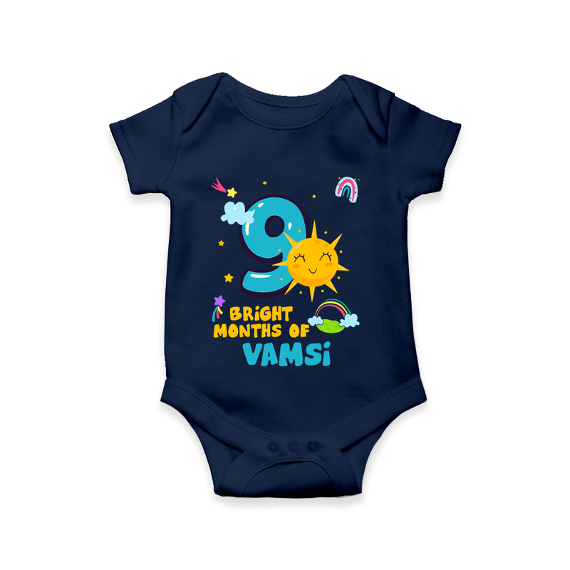 Celebrate The 9th Month Birthday Custom Romper, Personalized with your Little one's name - NAVY BLUE - 0 - 3 Months Old (Chest 16")