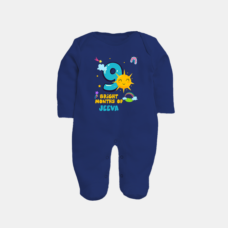 9th Month Baby Outfit | Personalized Full Sleeve Bodysuit/ Sleep Suit/ Jumpsuit for Newborn | Milestone Gift Idea - NAVY BLUE - New Born (Chest 7.5")