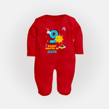 9th Month Baby Outfit | Personalized Full Sleeve Bodysuit/ Sleep Suit/ Jumpsuit for Newborn | Milestone Gift Idea - RED - New Born (Chest 7.5")