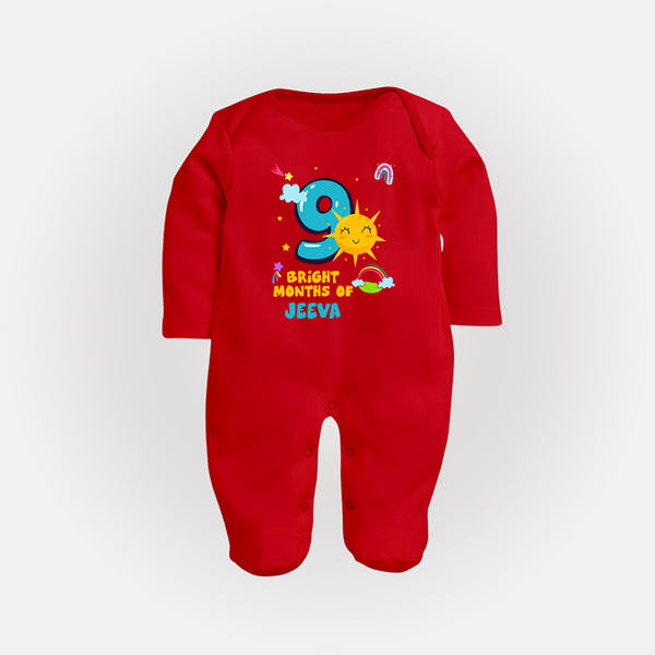 9th Month Baby Outfit | Personalized Full Sleeve Bodysuit/ Sleep Suit/ Jumpsuit for Newborn | Milestone Gift Idea - RED - New Born (Chest 7.5")