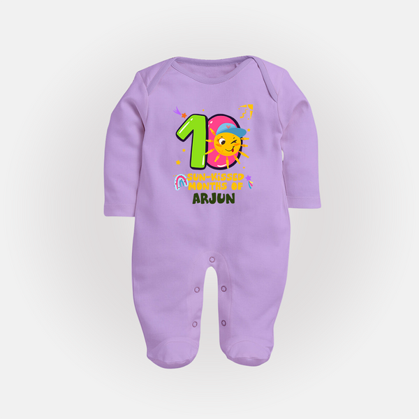 10th Month Baby Outfit | Personalized Full Sleeve Bodysuit/ Sleep Suit/ Jumpsuit for Newborn | Milestone Gift Idea - LILAC - New Born (Chest 7.5")