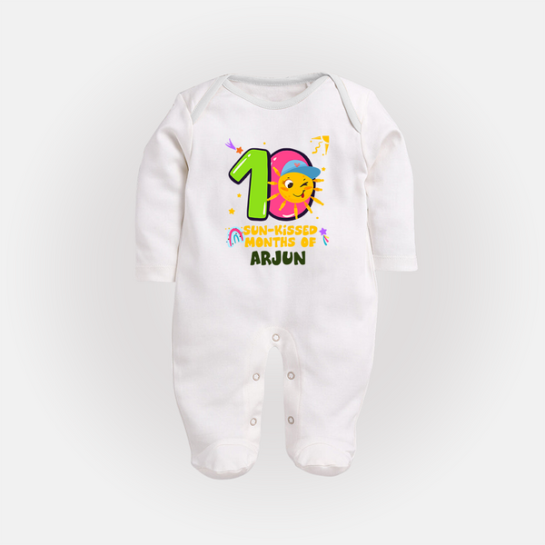 10th Month Baby Outfit | Personalized Full Sleeve Bodysuit/ Sleep Suit/ Jumpsuit for Newborn | Milestone Gift Idea - WHITE - New Born (Chest 7.5")