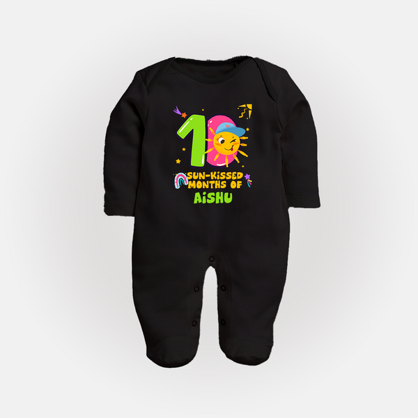 10th Month Baby Outfit | Personalized Full Sleeve Bodysuit/ Sleep Suit/ Jumpsuit for Newborn | Milestone Gift Idea - BLACK - New Born (Chest 7.5")