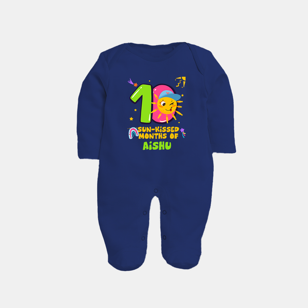 10th Month Baby Outfit | Personalized Full Sleeve Bodysuit/ Sleep Suit/ Jumpsuit for Newborn | Milestone Gift Idea - NAVY BLUE - New Born (Chest 7.5")