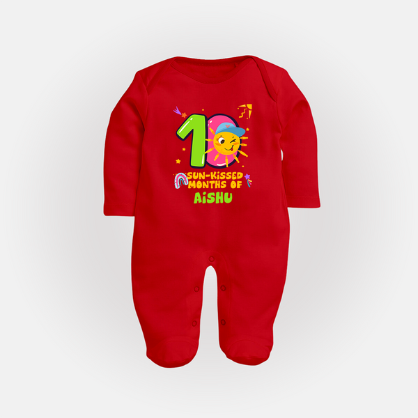 10th Month Baby Outfit | Personalized Full Sleeve Bodysuit/ Sleep Suit/ Jumpsuit for Newborn | Milestone Gift Idea - RED - New Born (Chest 7.5")