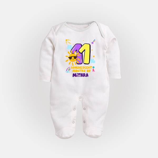 11th Month Baby Outfit | Personalized Full Sleeve Bodysuit/ Sleep Suit/ Jumpsuit for Newborn | Milestone Gift Idea - WHITE - New Born (Chest 7.5")