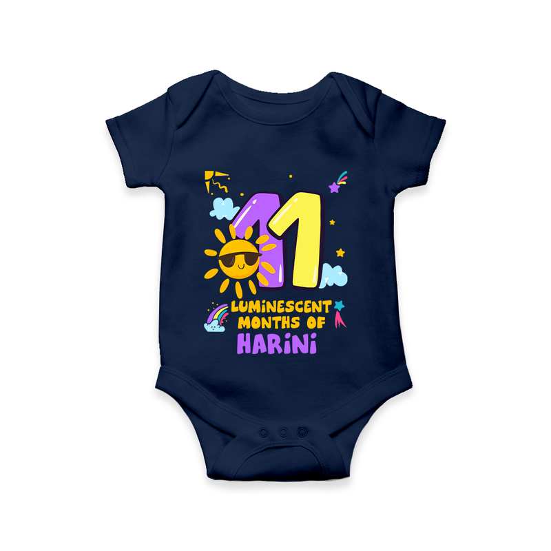 Celebrate The 11th Month Birthday Custom Romper, Personalized with your Little one's name - NAVY BLUE - 0 - 3 Months Old (Chest 16")