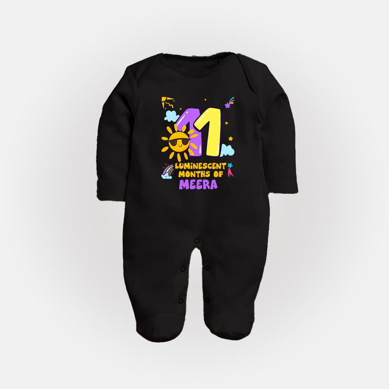 11th Month Baby Outfit | Personalized Full Sleeve Bodysuit/ Sleep Suit/ Jumpsuit for Newborn | Milestone Gift Idea - BLACK - New Born (Chest 7.5")