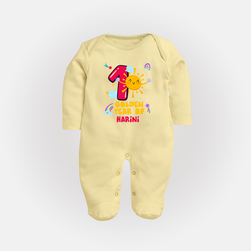 Mark Your BabyÕs 1-Year Birthday Celebration With Our Customized Baby Sleep Suit, Made For Joyful Celebrations - PASTEL YELLOW - New Born (Chest 7.5")