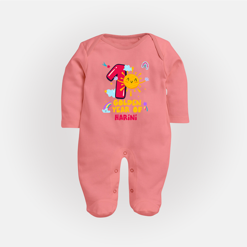 Mark Your BabyÕs 1-Year Birthday Celebration With Our Customized Baby Sleep Suit, Made For Joyful Celebrations - PEACH - New Born (Chest 7.5")