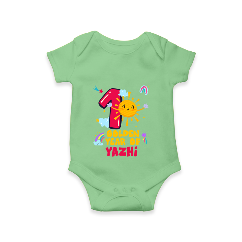Celebrate The One Year Birthday Custom Romper, Personalized with your Little one's name - GREEN - 0 - 3 Months Old (Chest 16")