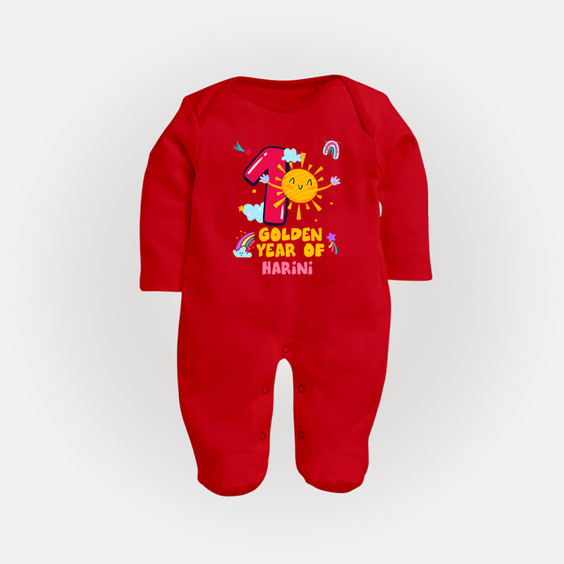 Mark Your BabyÕs 1-Year Birthday Celebration With Our Customized Baby Sleep Suit, Made For Joyful Celebrations - RED - New Born (Chest 7.5")