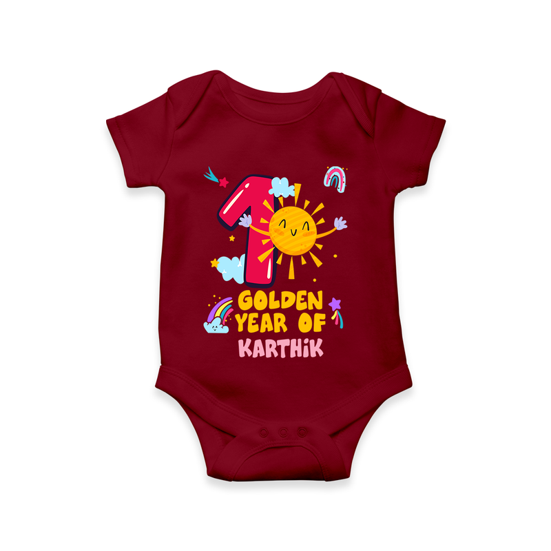Celebrate The One Year Birthday Custom Romper, Personalized with your Little one's name - MAROON - 0 - 3 Months Old (Chest 16")