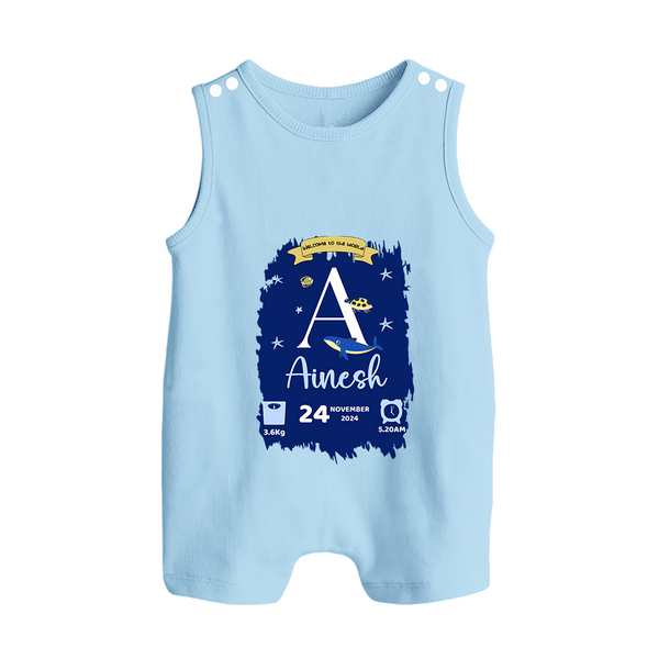 Personalized Birthday Stat Romper Suit/Sleeveless Romper | Custom Baby Romper Suit/Sleeveless Romper with Birth Date, Time, and Weight - BABY BLUE - 0 - 5 Months Old (Chest 18")