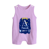 Personalized Birthday Stat Romper Suit/Sleeveless Romper | Custom Baby Romper Suit/Sleeveless Romper with Birth Date, Time, and Weight - LILAC - 0 - 5 Months Old (Chest 18")