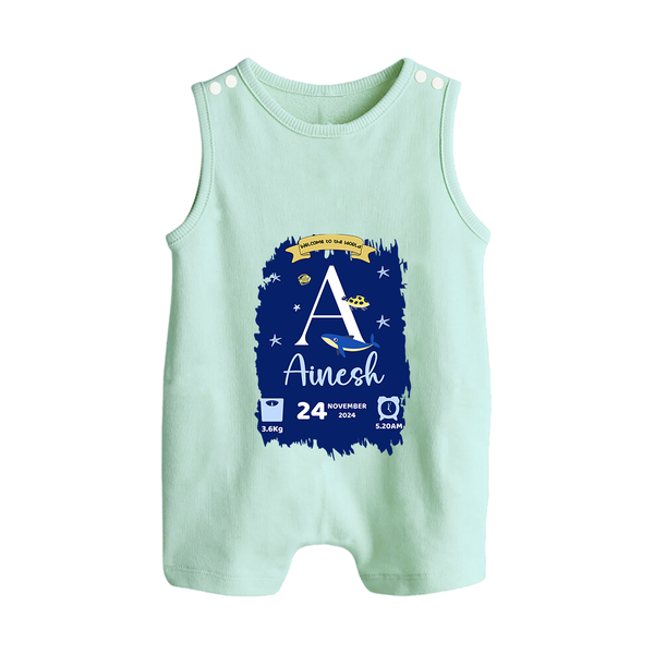 Personalized Birthday Stat Romper Suit/Sleeveless Romper | Custom Baby Romper Suit/Sleeveless Romper with Birth Date, Time, and Weight - MINT GREEN - 0 - 5 Months Old (Chest 18")