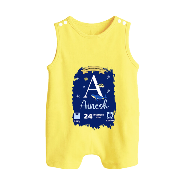Personalized Birthday Stat Romper Suit/Sleeveless Romper | Custom Baby Romper Suit/Sleeveless Romper with Birth Date, Time, and Weight - PASTEL YELLOW - 0 - 5 Months Old (Chest 18")