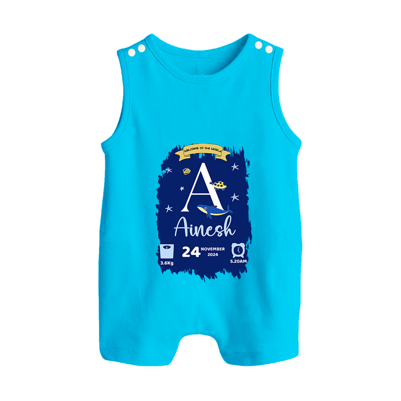 Personalized Birthday Stat Romper Suit/Sleeveless Romper | Custom Baby Romper Suit/Sleeveless Romper with Birth Date, Time, and Weight - SKY BLUE - 0 - 5 Months Old (Chest 18")