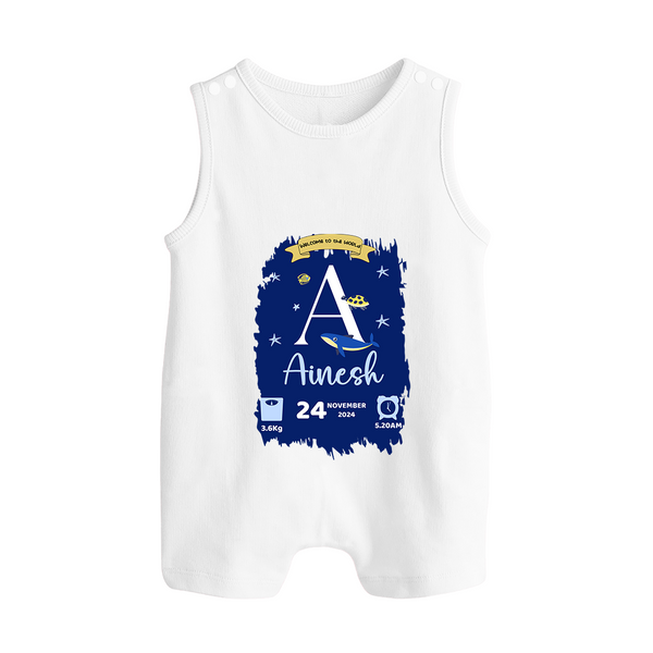 Personalized Birthday Stat Romper Suit/Sleeveless Romper | Custom Baby Romper Suit/Sleeveless Romper with Birth Date, Time, and Weight - WHITE - 0 - 5 Months Old (Chest 18")