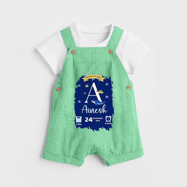 Personalized Birthday Stat Dungaree Set | Custom Baby Dungaree Set with Birth Date, Time, and Weight - GREEN - 0 - 5 Months Old (Chest 18")