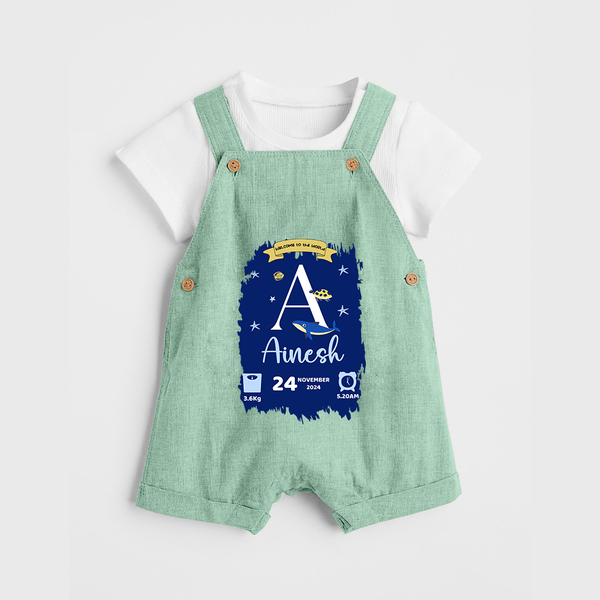 Personalized Birthday Stat Dungaree Set | Custom Baby Dungaree Set with Birth Date, Time, and Weight - MINT GREEN - 0 - 5 Months Old (Chest 18")
