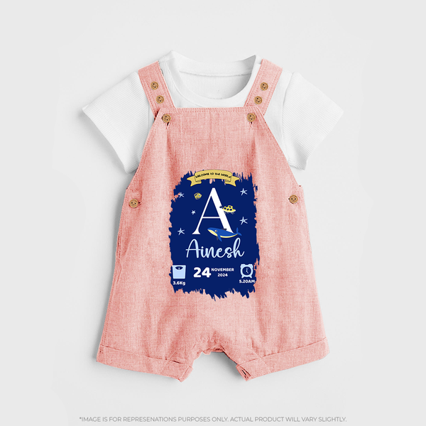Personalized Birthday Stat Dungaree Set | Custom Baby Dungaree Set with Birth Date, Time, and Weight - PEACH - 0 - 5 Months Old (Chest 18")