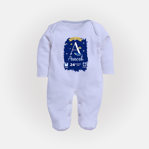 Personalized Birthday Stat Sleep Suit/Full sleeve body suit | Custom Baby Sleep Suit/Full sleeve body suit with Birth Date, Time, and Weight - BABY BLUE - New Born (Chest 7.5")