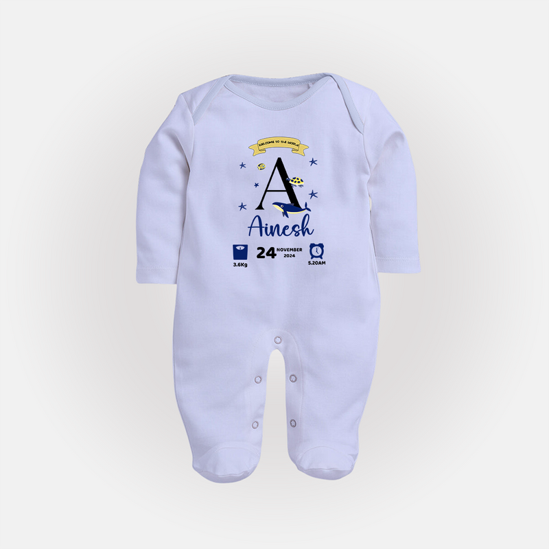 Personalized Birth Stat Sleep Suit/ Full Sleeve Bodysuit | Custom Baby Outfit with Name & Details - BABY BLUE - New Born (Chest 7.5")