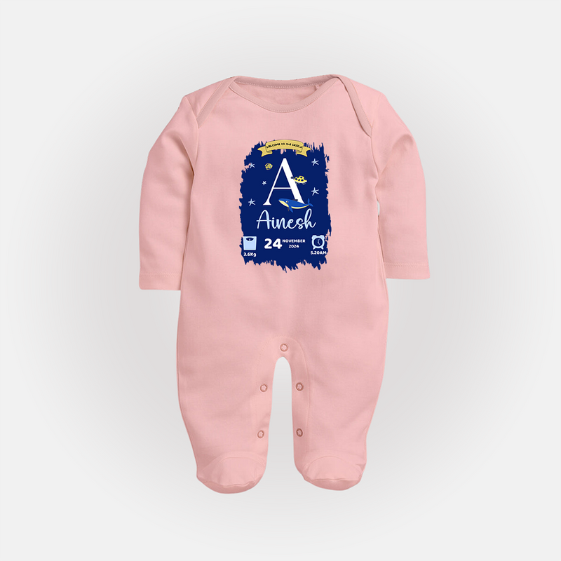Personalized Birthday Stat Sleep Suit/Full sleeve body suit | Custom Baby Sleep Suit/Full sleeve body suit with Birth Date, Time, and Weight - BABY PINK - New Born (Chest 7.5")