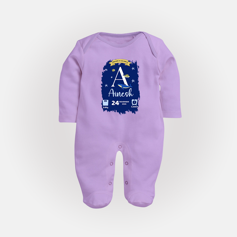 Personalized Birthday Stat Sleep Suit/Full sleeve body suit | Custom Baby Sleep Suit/Full sleeve body suit with Birth Date, Time, and Weight - LILAC - New Born (Chest 7.5")