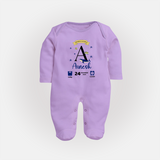 Personalized Birth Stat Sleep Suit/ Full Sleeve Bodysuit | Custom Baby Outfit with Name & Details - LILAC - New Born (Chest 7.5")