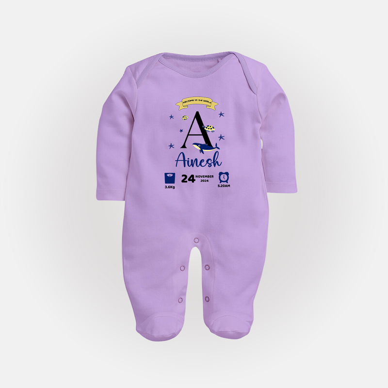 Personalized Birth Stat Sleep Suit/ Full Sleeve Bodysuit | Custom Baby Outfit with Name & Details - LILAC - New Born (Chest 7.5")