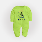 Personalized Birth Stat Sleep Suit/ Full Sleeve Bodysuit | Custom Baby Outfit with Name & Details - LIME GREEN - New Born (Chest 7.5")